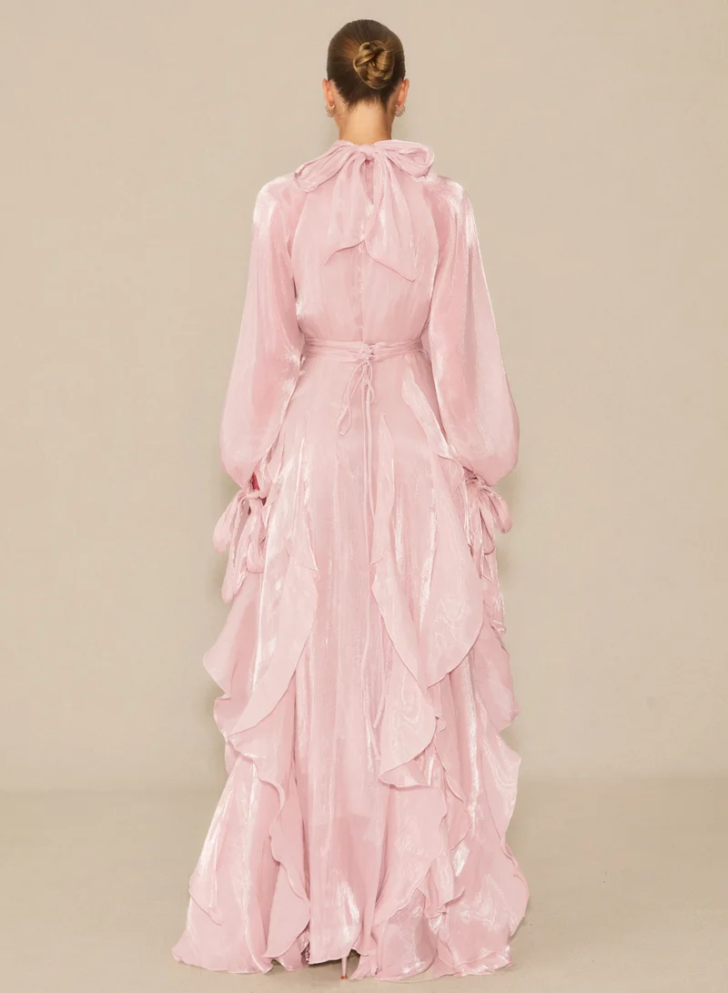 Sunfere Pink Estella Puff Sleeve Ruffle Trim Maxi Dress for Women | Best Price UAE