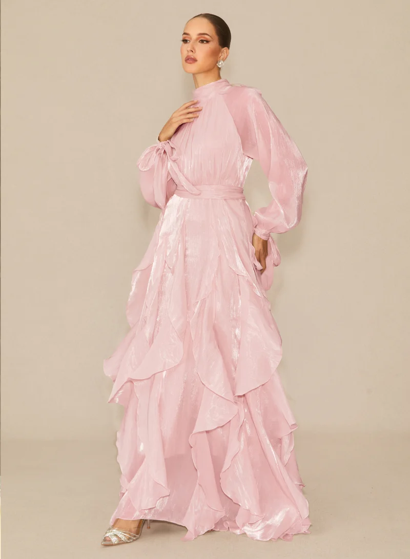 Sunfere Pink Estella Puff Sleeve Ruffle Trim Maxi Dress for Women | Best Price UAE