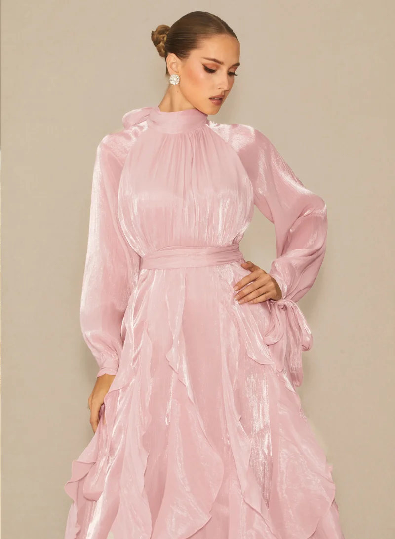 Sunfere Pink Estella Puff Sleeve Ruffle Trim Maxi Dress for Women | Best Price UAE