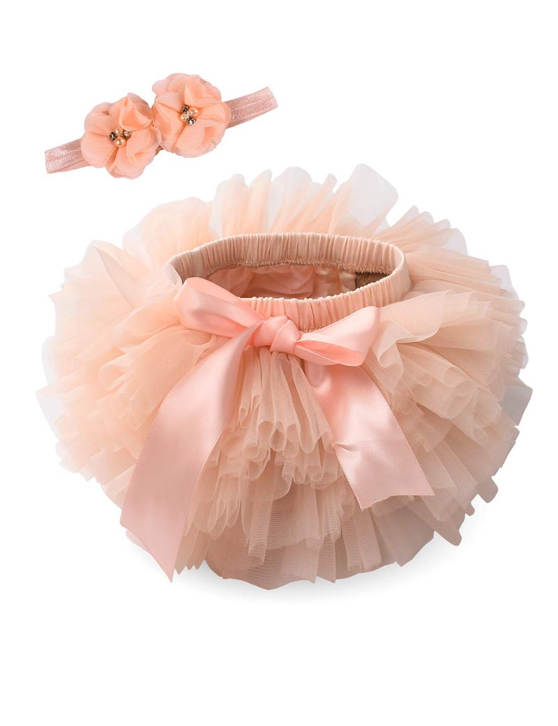 Tutu.kk Baby Girls Tutu Bloomers Diaper Cover Cotton Tulle Bloomers and Headband Set Peach 612 Months - Image 2