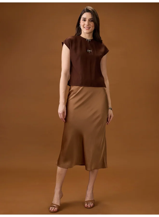 globus Women Brown Round Neck Extended Sleeve Solid Bow Detail Top