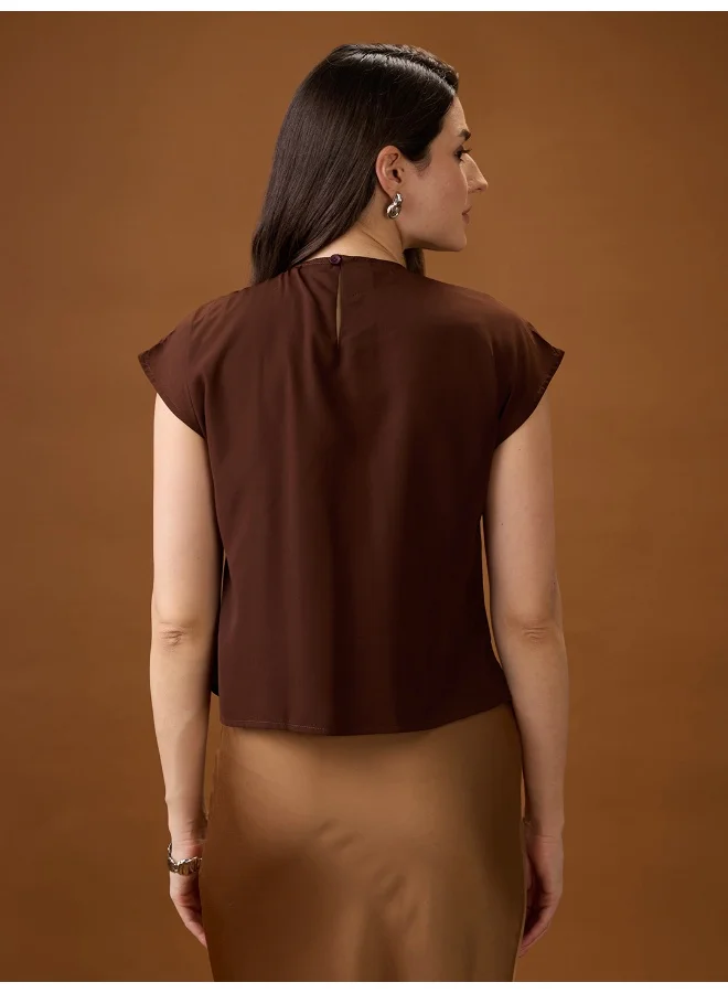 globus Women Brown Round Neck Extended Sleeve Solid Bow Detail Top