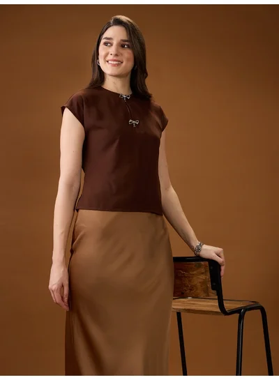 globus Women Brown Round Neck Extended Sleeve Solid Bow Detail Top