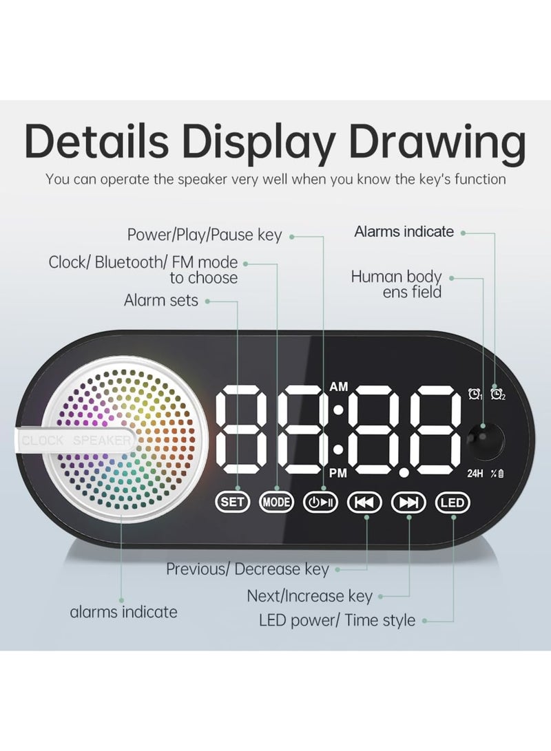 SYOSI Digital Alarm Clock Bluetooth Speaker, Large LED Display Multi-function Alarm Clock for Bedroom with Human Body Sensing, Bluetooth 5.0 Speaker, Rechargeable 1200mAh Battery, TF Card, Support FM - Image 2