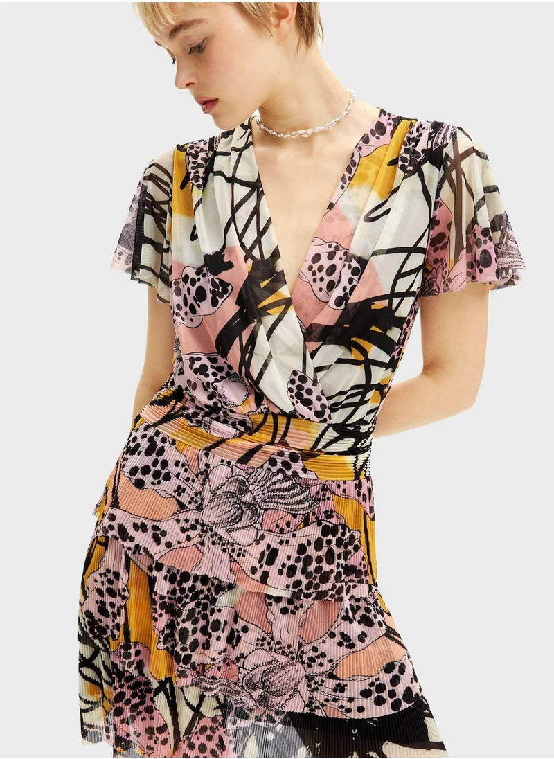 DESIGUAL Surplice Neck Ruched Dress