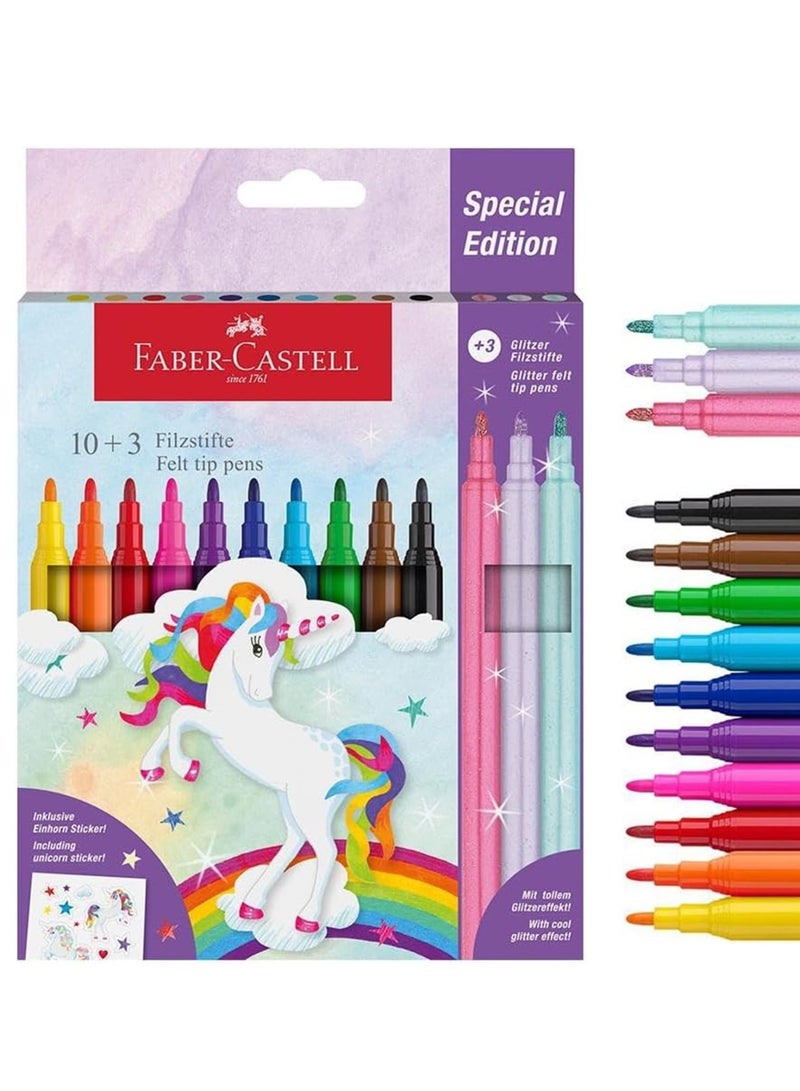 FABER-CASTELL 13-Piece Felt Tip Colouring Pens With Unicorn Stickers - Image 1