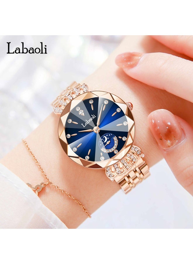 Labaoli Luxury Women Quartz Watch Moon‑Phase Sub‑Dial Rhinestone Rose Gold Steel Band Waterproof Fashion Wrist Watch - Image 2