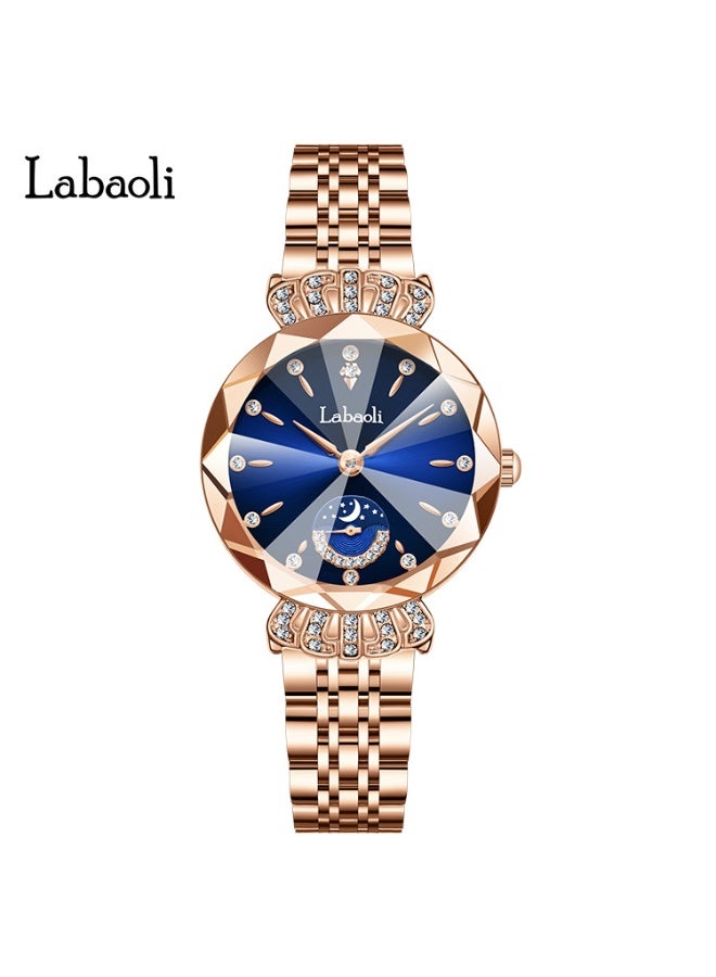 Labaoli Luxury Women Quartz Watch Moon‑Phase Sub‑Dial Rhinestone Rose Gold Steel Band Waterproof Fashion Wrist Watch - Image 1