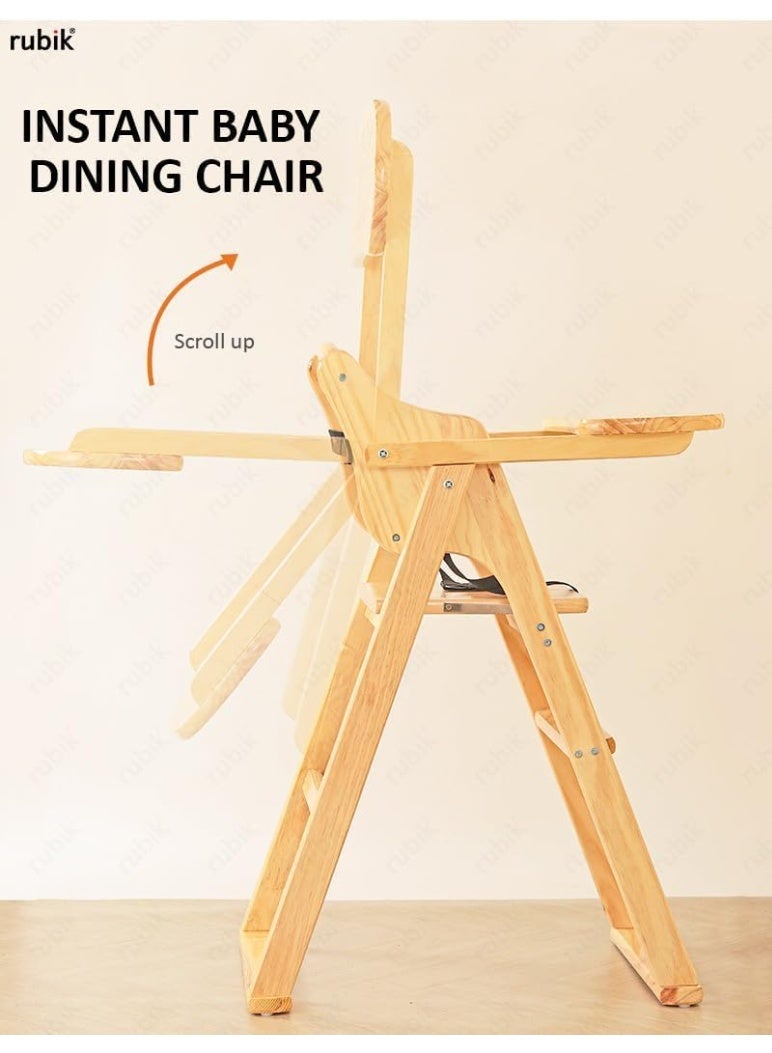 Rubik Wooden High Chair with Tray, Foldable Kids Dinning Highchair with Safety Belt and Cushion for Baby Toddler Feeding (Natural Wood, 24cm Tray) - Image 4