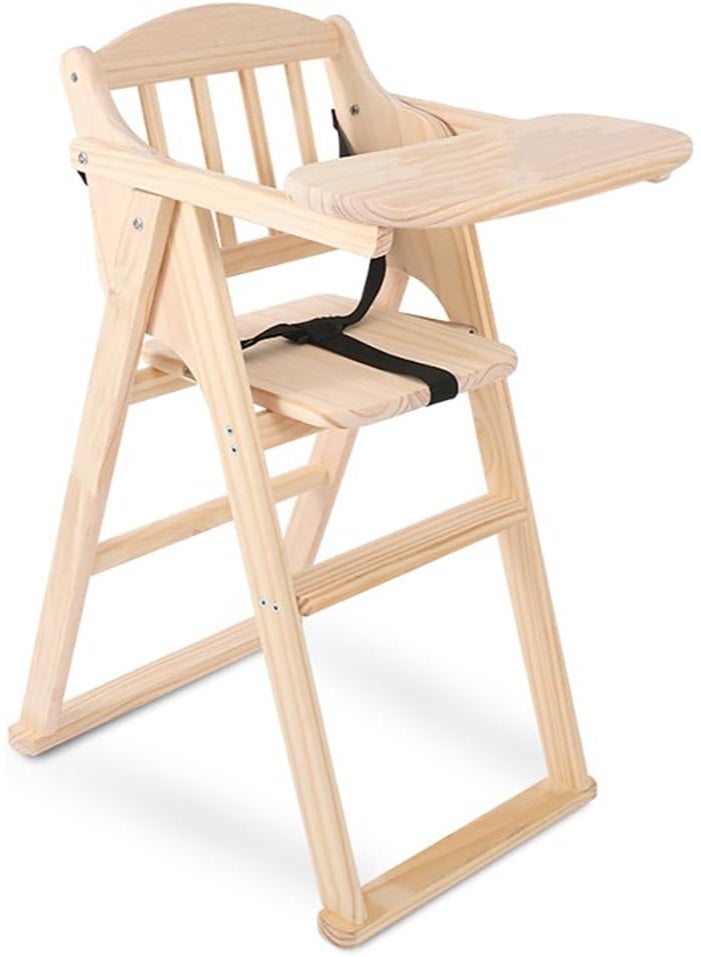 Rubik Wooden High Chair with Tray, Foldable Kids Dinning Highchair with Safety Belt and Cushion for Baby Toddler Feeding (Natural Wood, 24cm Tray) - Image 1