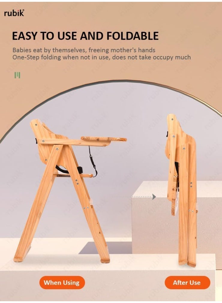 Rubik Wooden High Chair with Tray, Foldable Kids Dinning Highchair with Safety Belt and Cushion for Baby Toddler Feeding (Natural Wood, 24cm Tray) - Image 5