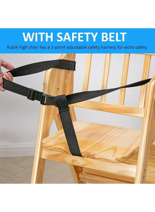 Rubik Wooden High Chair with Tray, Foldable Kids Dinning Highchair with Safety Belt and Cushion for Baby Toddler Feeding (Natural Wood, 24cm Tray) - Image 3