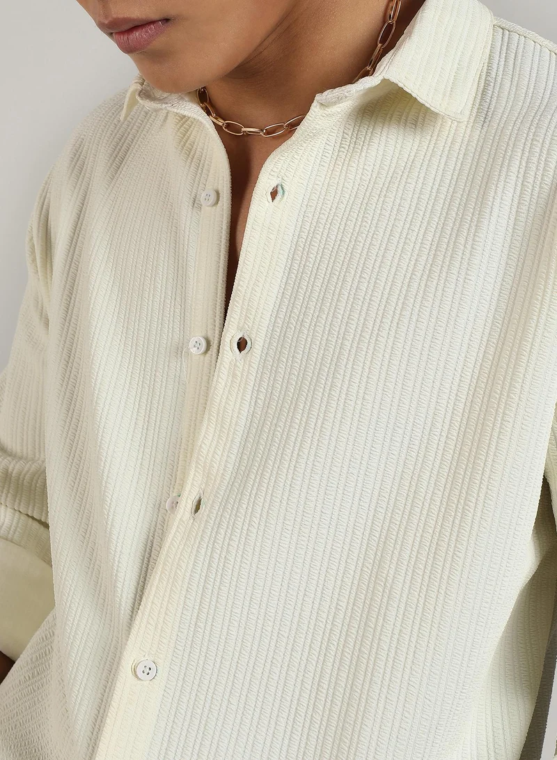 Campus Sutra Men's Pale Yellow Stripe-Creased Shirt