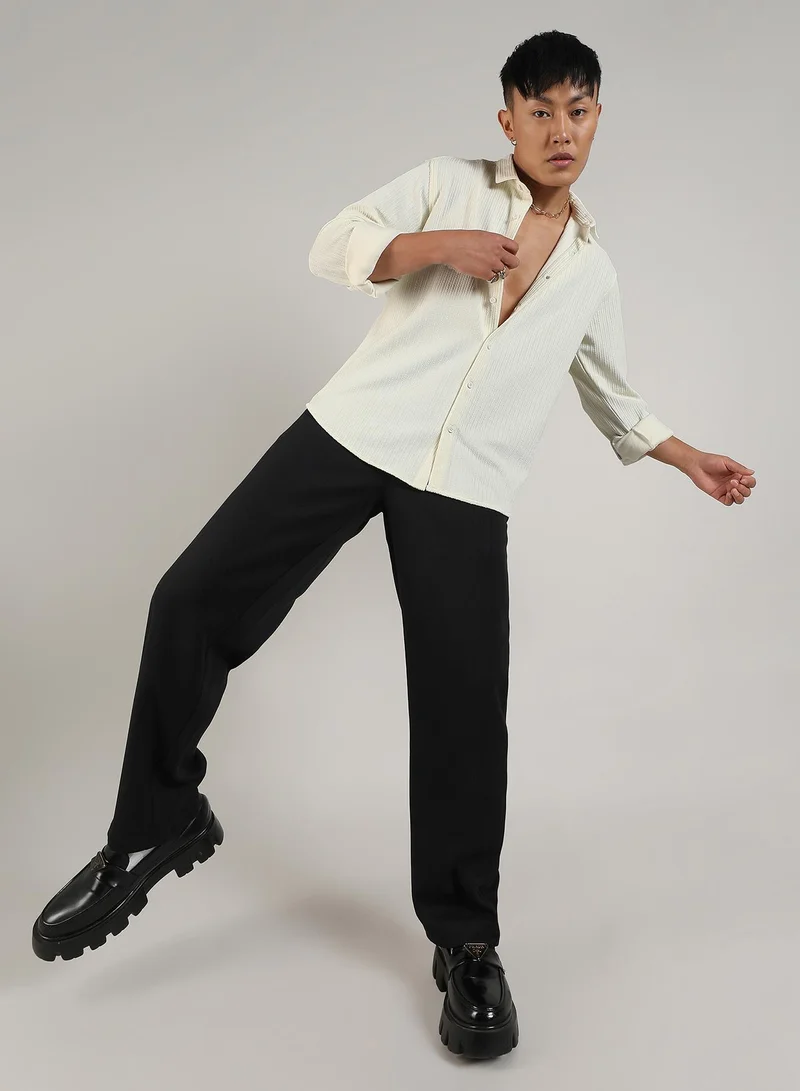 Campus Sutra Men's Pale Yellow Stripe-Creased Shirt