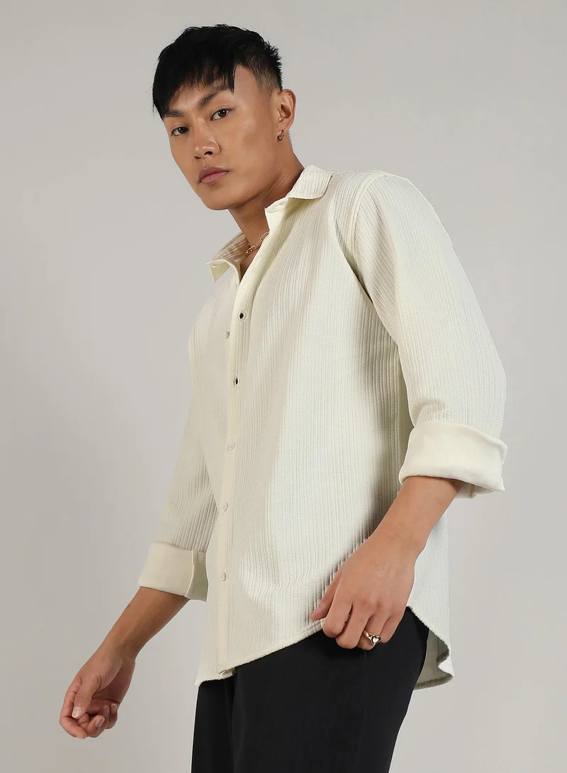 Campus Sutra Men's Pale Yellow Stripe-Creased Shirt