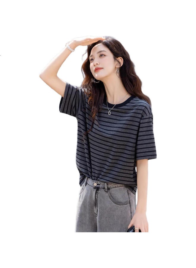 dme "Enjoy The Sunshine Cotton" Summer Color-Block Round Neck Five-Point Sleeve Basic Shirt Loose And Comfortable Women'S T-Shirt - Image 1