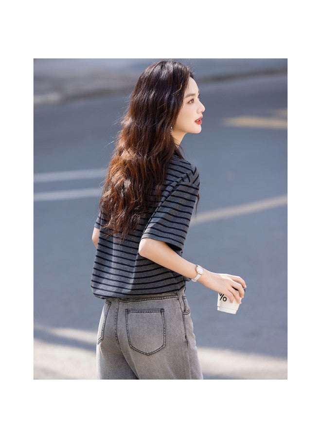 Dme "enjoy The Sunshine Cotton" Summer Color-block Round Neck Five-point Sleeve Basic Shirt Loose And Comfortable Women's T-shirt - Image 4