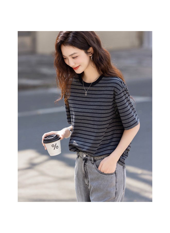 Dme "enjoy The Sunshine Cotton" Summer Color-block Round Neck Five-point Sleeve Basic Shirt Loose And Comfortable Women's T-shirt - Image 1