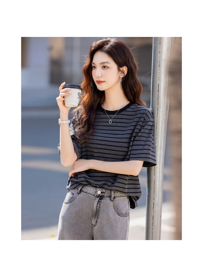 Dme "enjoy The Sunshine Cotton" Summer Color-block Round Neck Five-point Sleeve Basic Shirt Loose And Comfortable Women's T-shirt - Image 3