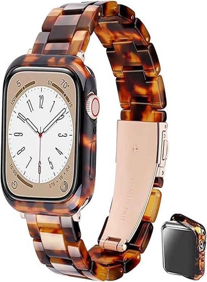 Omter Band with Case Compatible with Apple Watch 42mm,Women Men Fashion Resin Wristband Strap Bracelet Bumper for iWatch Series 11 10(Tortoise-Tone,42mm) - Image 1