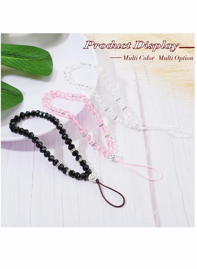 Zikra 3 Pcs Cell Phone Lanyard Strap, Charm Bling Crystal Beads Hand Wrist Lanyard Strap String, Women's Wristlet for Cell Phone Camera Purse MP3 MP4 iPod PSP Keychain (Pink+White+Black) - Image 2