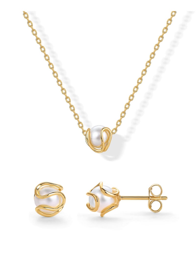 HZYH 14K Gold Plated Pearl Jewelry Set for Women, Round Shell Pendant Necklace and Caged Stud Earrings, Elegant Gold Pearl Set - Image 1