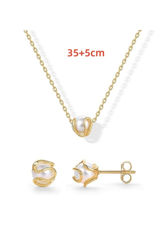 HZYH 14K Gold Plated Pearl Jewelry Set for Women, Round Shell Pendant Necklace and Caged Stud Earrings, Elegant Gold Pearl Set - Image 2