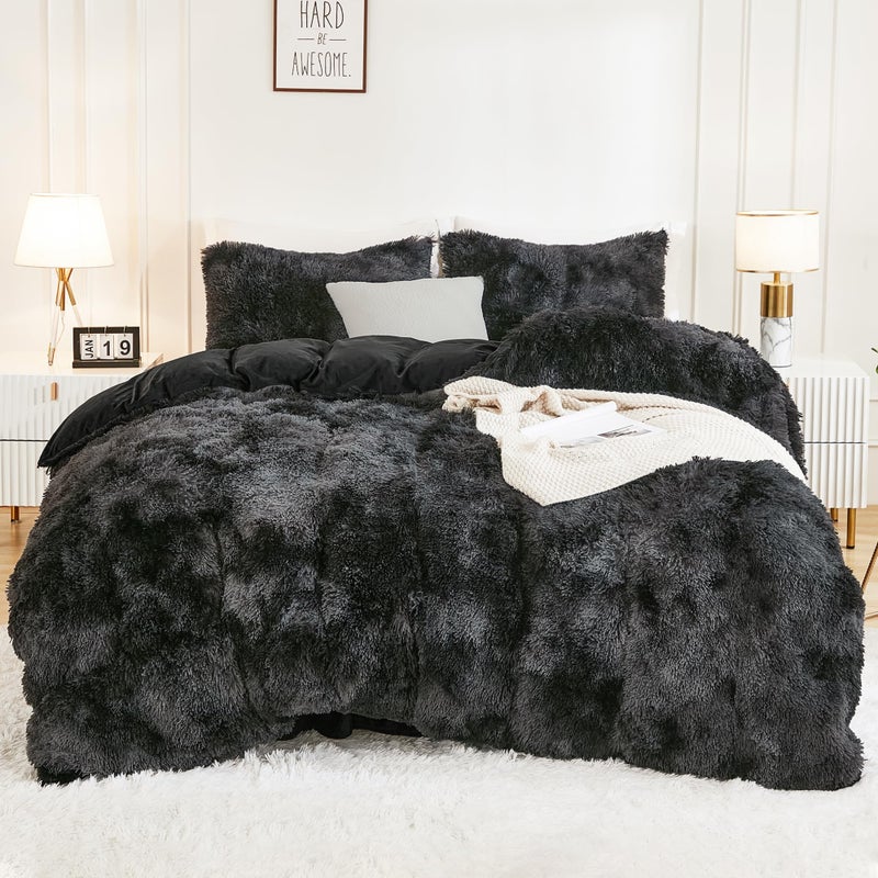 Andency Faux Fur Tie-Dyed Black Grey Comforter Set Full Size, 3 Pieces Fluffy Fuzzy Plush Bedding Comforter Set (1 Shaggy Velvet Comforter & 2 Pillowcases), Soft Puffy Down Comforter Bedding Set - Image 5