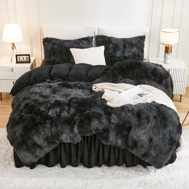 Andency Faux Fur Tie-Dyed Black Grey Comforter Set Full Size, 3 Pieces Fluffy Fuzzy Plush Bedding Comforter Set (1 Shaggy Velvet Comforter & 2 Pillowcases), Soft Puffy Down Comforter Bedding Set - Image 1