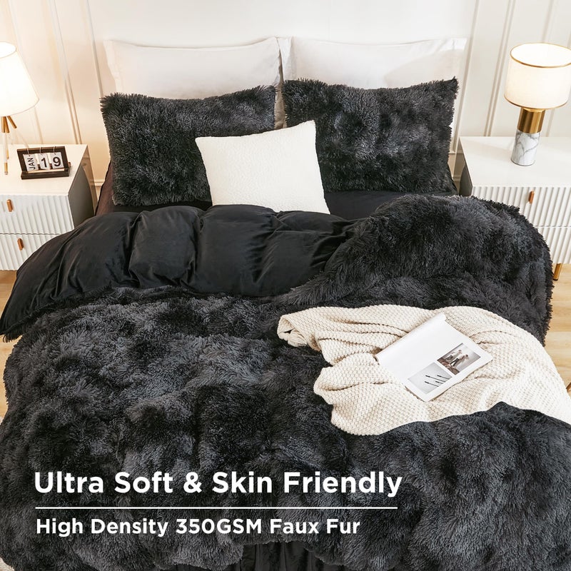 Andency Faux Fur Tie-Dyed Black Grey Comforter Set Full Size, 3 Pieces Fluffy Fuzzy Plush Bedding Comforter Set (1 Shaggy Velvet Comforter & 2 Pillowcases), Soft Puffy Down Comforter Bedding Set - Image 4