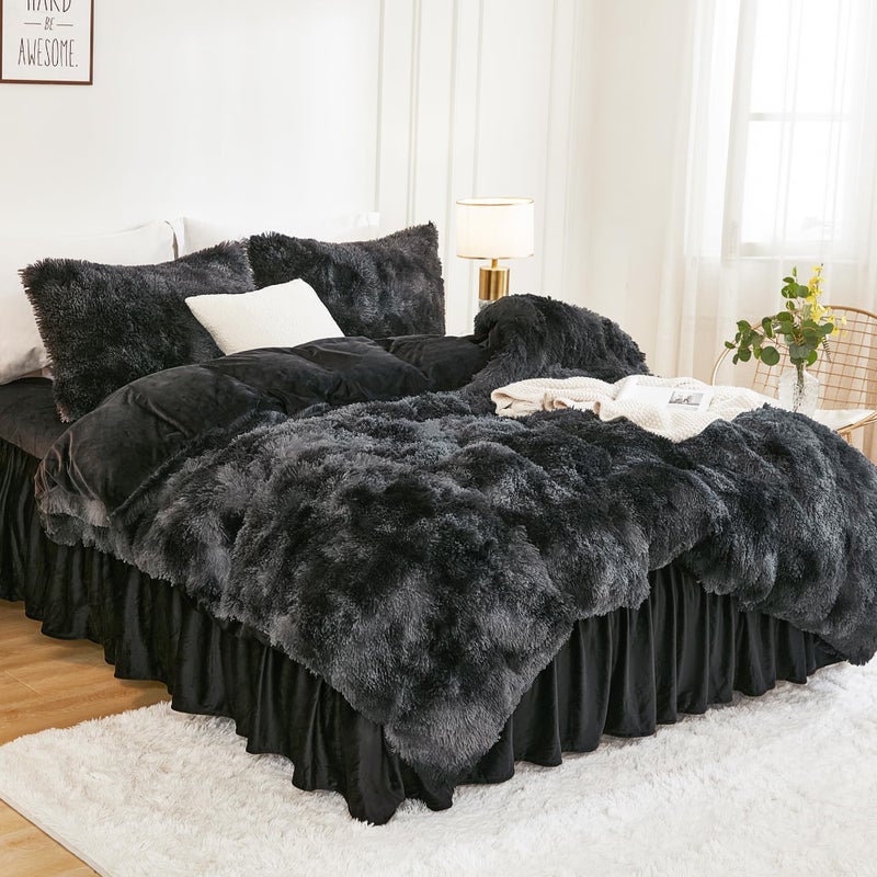 Andency Faux Fur Tie-Dyed Black Grey Comforter Set Full Size, 3 Pieces Fluffy Fuzzy Plush Bedding Comforter Set (1 Shaggy Velvet Comforter & 2 Pillowcases), Soft Puffy Down Comforter Bedding Set - Image 2