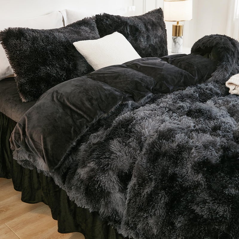 Andency Faux Fur Tie-Dyed Black Grey Comforter Set Full Size, 3 Pieces Fluffy Fuzzy Plush Bedding Comforter Set (1 Shaggy Velvet Comforter & 2 Pillowcases), Soft Puffy Down Comforter Bedding Set - Image 3