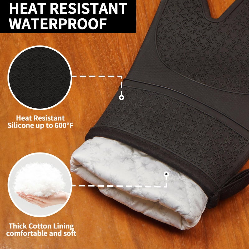Hovico Silicone Oven Mitts, Heat Resistant 500F Kitchen Mitts 2PCS, 11.6" BPA-Free Soft Baking Gloves, Non-Slip Grip Oven Gloves with Soft Cotton Lining for Kitchen Cooking Baking BBQ - Black - Image 3