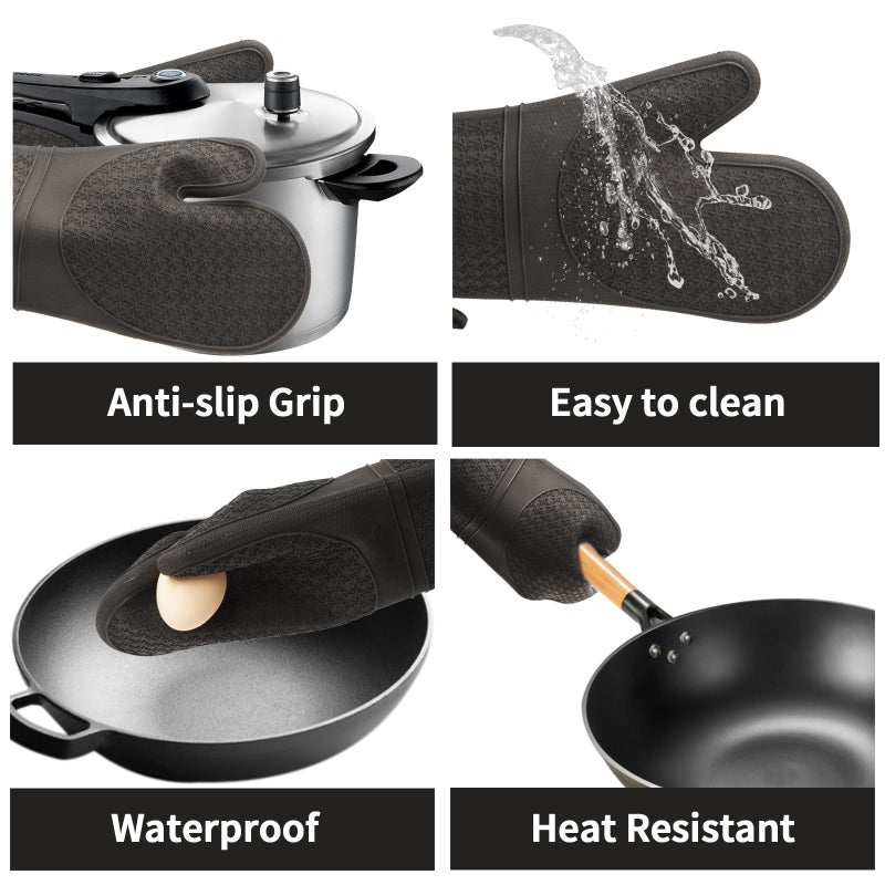 Hovico Silicone Oven Mitts, Heat Resistant 500F Kitchen Mitts 2PCS, 11.6" BPA-Free Soft Baking Gloves, Non-Slip Grip Oven Gloves with Soft Cotton Lining for Kitchen Cooking Baking BBQ - Black - Image 4