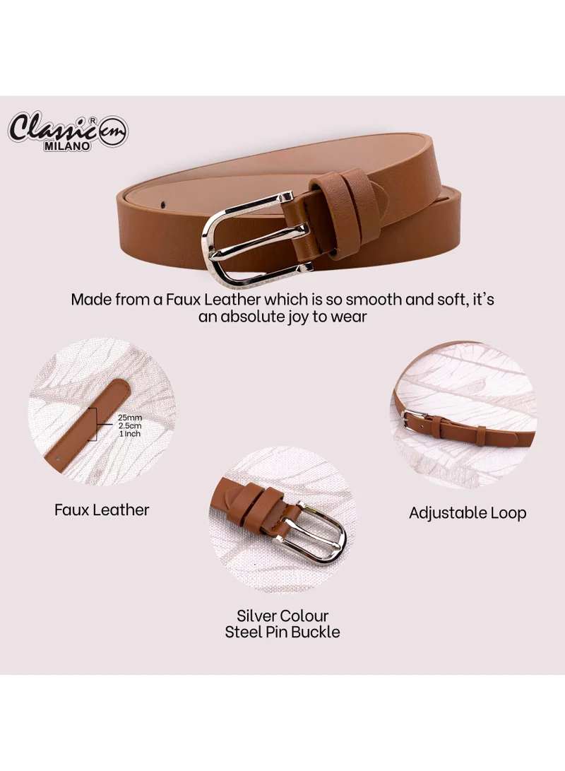 Classic Milano Tan (SGPU22) Classic Milano Women's Belt with Gift Box; Faux Leather Ladies Belt for Dresses, Jeans & Gowns; Stylish Womens Belt; Adjustable Girls Belt; Belt for Women | Full Length: 110 CM (Free Size - Fits up to the waist of 40 Inches / 100 CM) for Women | Best Price UAE