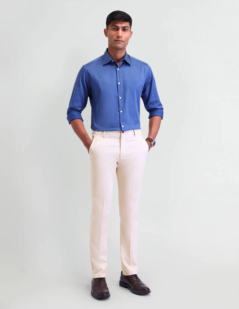 Arrow Beige Mid Rise Elasticated Slim Fit Trousers for Men | Best Price UAE