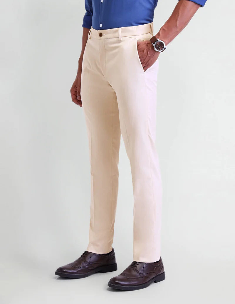 Arrow Beige Mid Rise Elasticated Slim Fit Trousers for Men | Best Price UAE