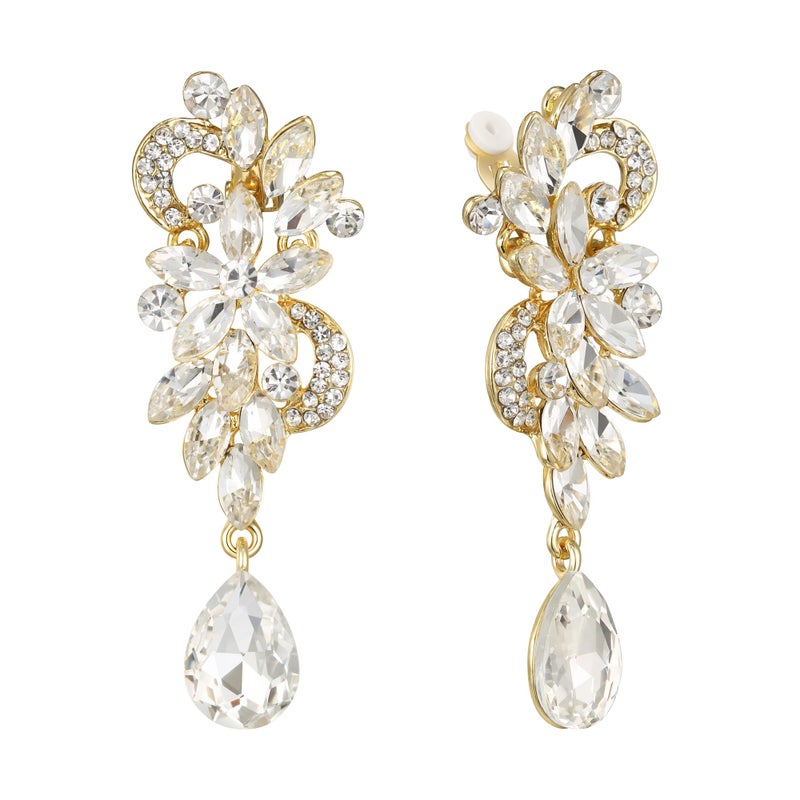 BriLove Wedding Bridal Clip-On Earrings for Women Bohemian Boho Crystal Flower Chandelier Teardrop Bling Long Dangle Jewelry for Party Prom Clear Gold-Toned - Image 1