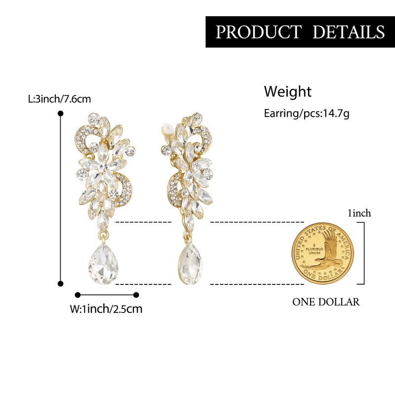 BriLove Wedding Bridal Clip-On Earrings for Women Bohemian Boho Crystal Flower Chandelier Teardrop Bling Long Dangle Jewelry for Party Prom Clear Gold-Toned - Image 5