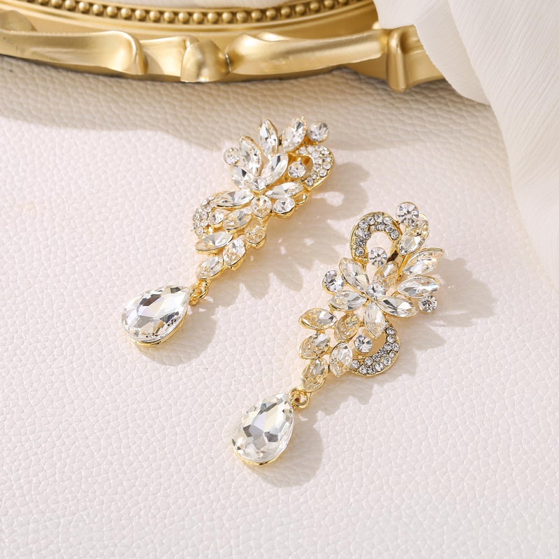 BriLove Wedding Bridal Clip-On Earrings for Women Bohemian Boho Crystal Flower Chandelier Teardrop Bling Long Dangle Jewelry for Party Prom Clear Gold-Toned - Image 4