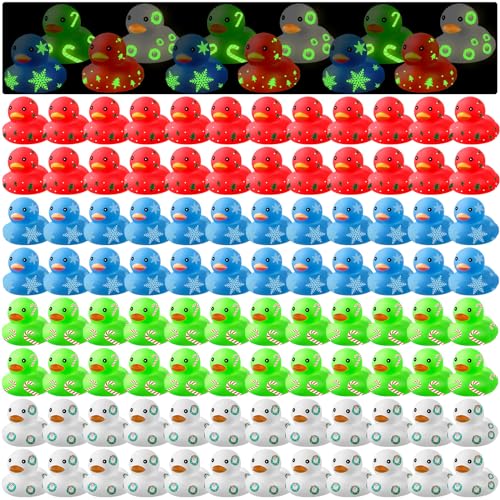 Poen 108 Pcs Christmas Glow in The Dark Rubber Ducks Christmas Rubber Ducks Bulk Light up Mini Duckies Bathtub Toys for Girls Boys Favors Birthday Pool Rewards Cute Style - Image 1