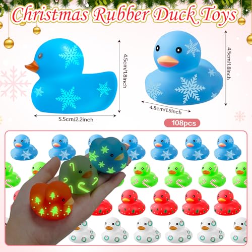 Poen 108 Pcs Christmas Glow in The Dark Rubber Ducks Christmas Rubber Ducks Bulk Light up Mini Duckies Bathtub Toys for Girls Boys Favors Birthday Pool Rewards Cute Style - Image 3