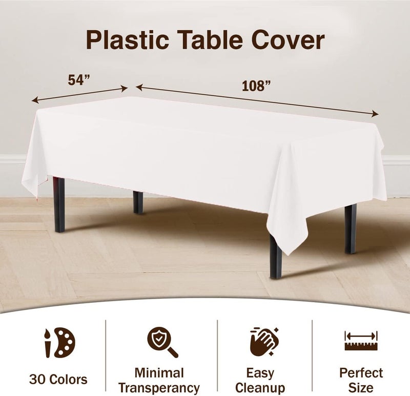 Exquisite 12-Pack Premium Plastic Tablecloth 54 Inch. x 108 Inch. Rectangle Table Cover-White - Image 3
