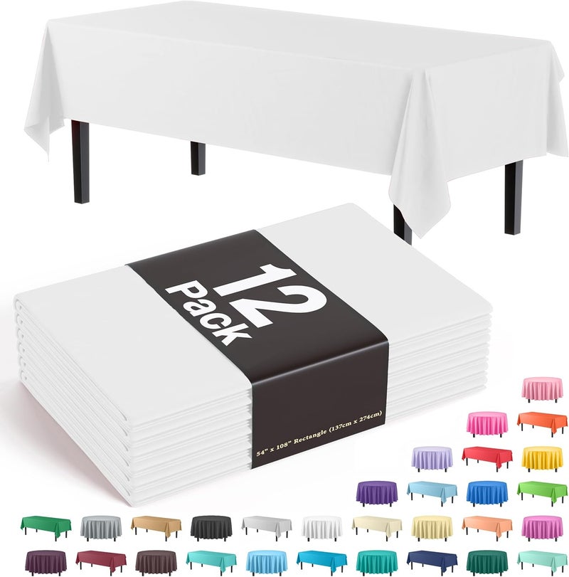 Exquisite 12-Pack Premium Plastic Tablecloth 54 Inch. x 108 Inch. Rectangle Table Cover-White - Image 1