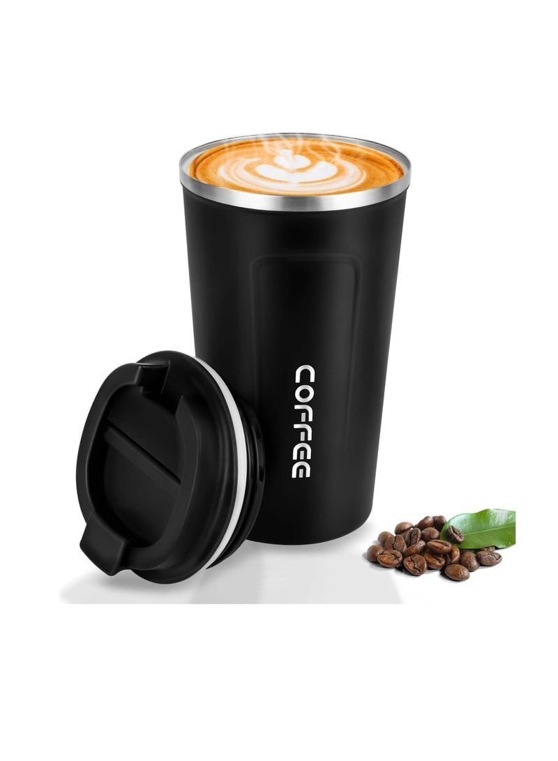 ECVV كوب قهوة للسفر ECVV سعة 380 مل، كوب قهوة للسفر معزول بغطاء، كوب قهوة للسفر مانع للتسرب، مناسب للسفر والمكتب وهدية للنساء والرجال أو الأصدقاء - أسود - Image 1