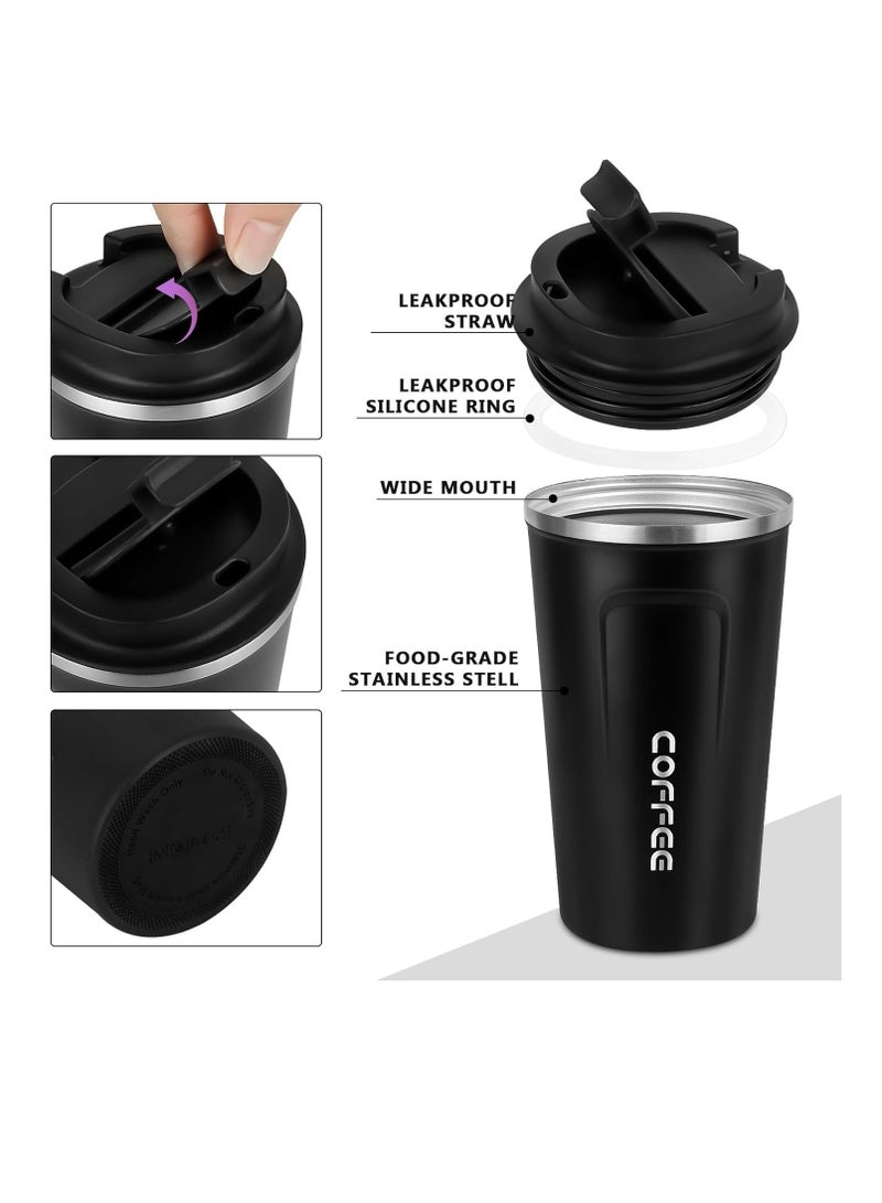 ECVV كوب قهوة للسفر ECVV سعة 380 مل، كوب قهوة للسفر معزول بغطاء، كوب قهوة للسفر مانع للتسرب، مناسب للسفر والمكتب وهدية للنساء والرجال أو الأصدقاء - أسود - Image 3