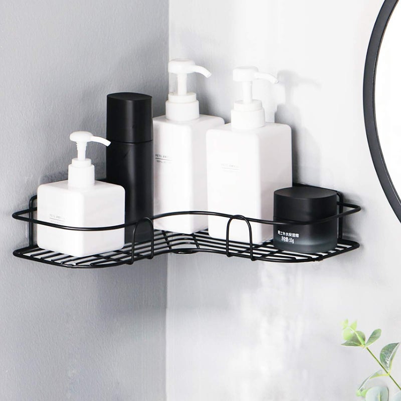 SEMITO Metal Bathroom Corner Shelf Wall Mounted, Non-Drilling Floating Shelf for Bathroom Organizer/Kitchen/Shower Organizer Adhesive Shower Caddy (1 Pack, Black) - Image 1