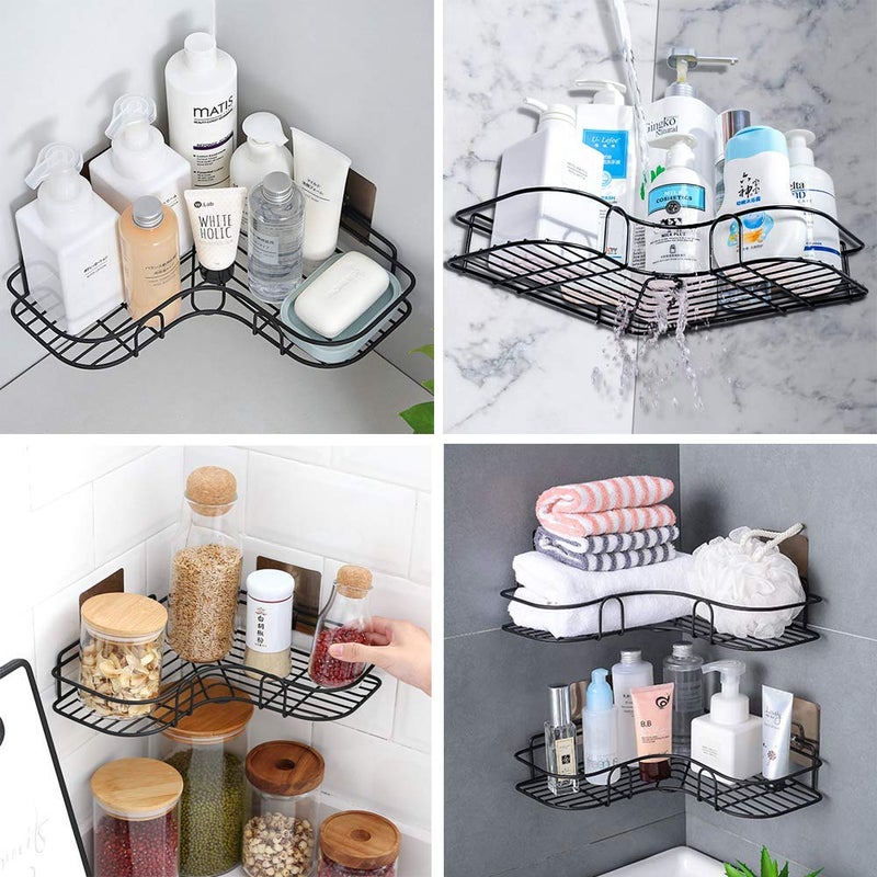 SEMITO Metal Bathroom Corner Shelf Wall Mounted, Non-Drilling Floating Shelf for Bathroom Organizer/Kitchen/Shower Organizer Adhesive Shower Caddy (1 Pack, Black) - Image 2