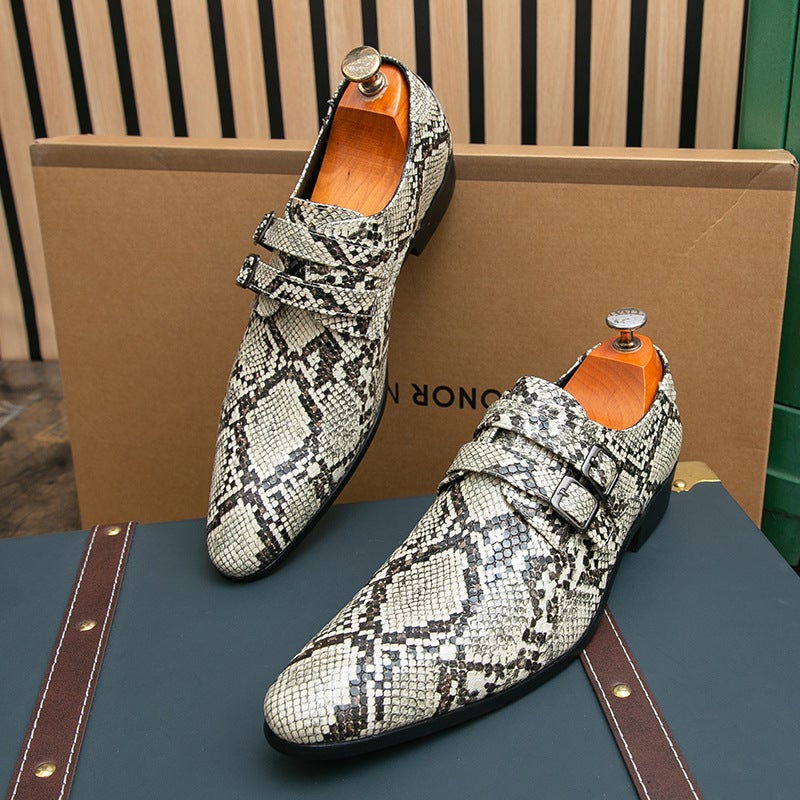 Snake Pattern Men'S Shoes Small Leather Shoes Buckle Trendy Business Formal Slip-On Men'S Leather Shoes British Chelsea Pointed Toe - Image 1
