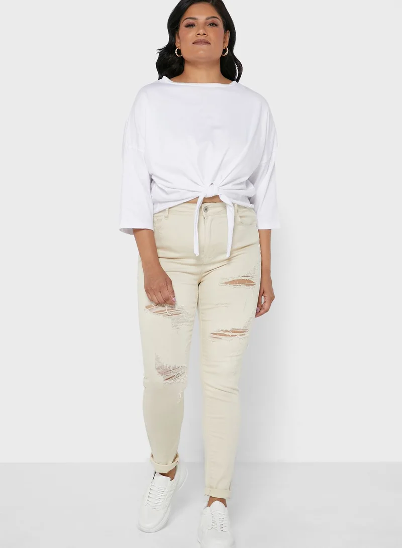I Saw It First Curve Ecru Plus Size Rip Detail Stretch Skinny Jeans